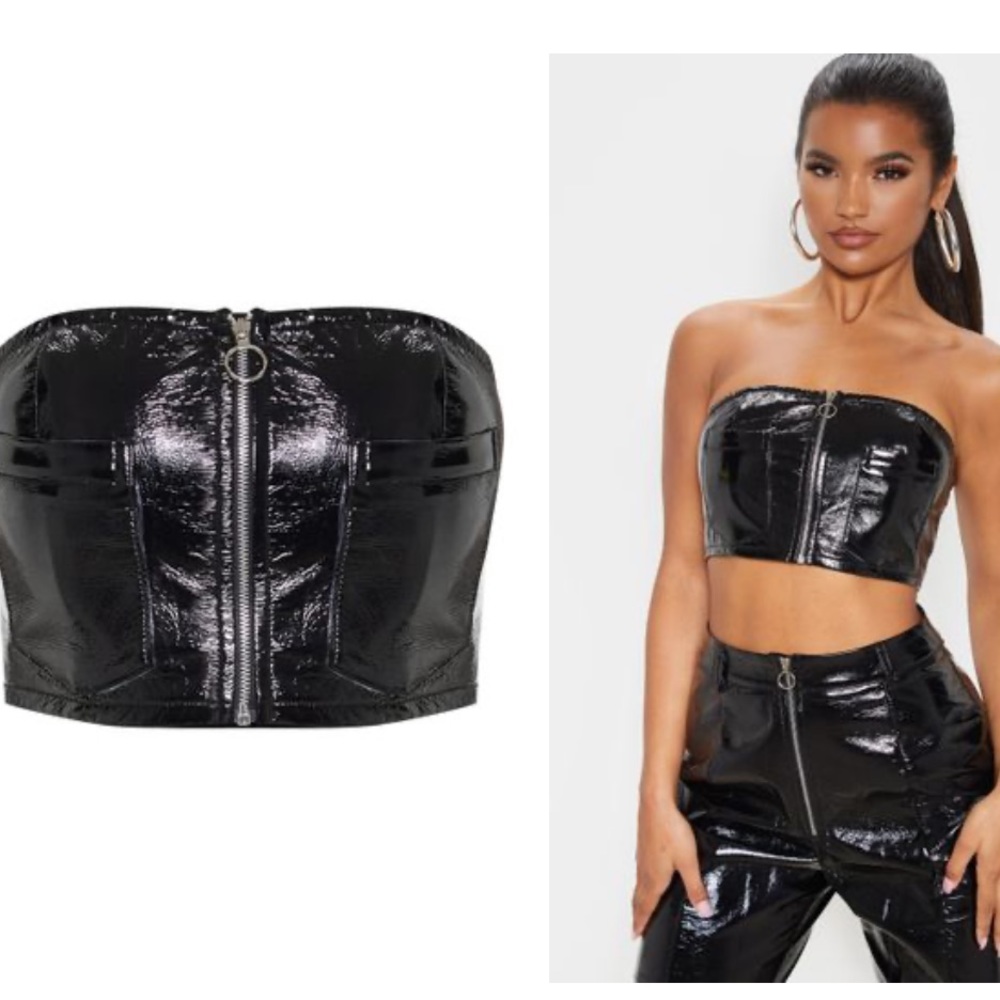 Black faux leather crop top bandeau